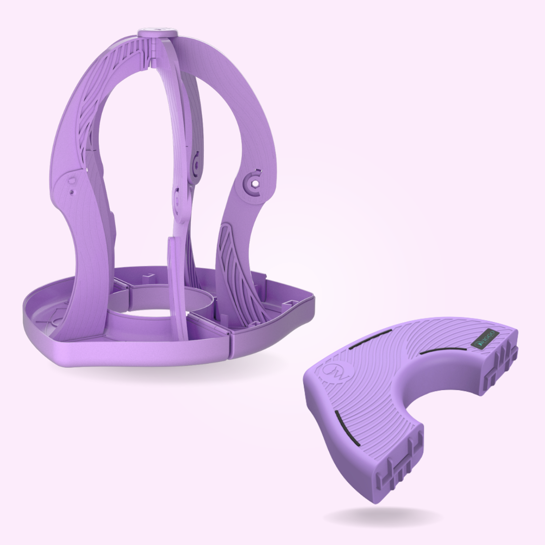 Purple plastic device with a detachable curved component on a light background.